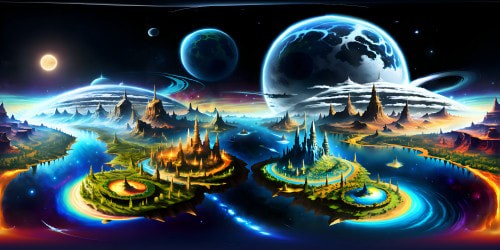 Masterpiece universe landscape, VR360 view of multi-galaxies, ultra-high-res celestial bodies. Pearlescent nebulae, reality-defying cosmic phenomena, immense black holes. Vibrant, ethereal VR360 nature scenes, exotic alien flora covering distant planets. Style: hyper-realistic, detailed, surreal.