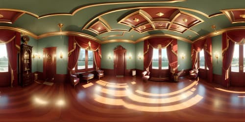 Ultra-high-res VR360 masterpiece, opulent salon, ornate chandeliers, richly textured wallpapers, heavy velvet drapes, polished mahogany furniture. Style: Realism.