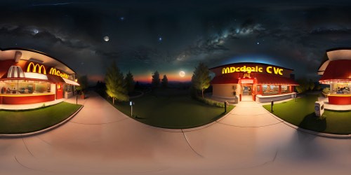 A McDonalds under a starry night sky with a small bright moon and light clouds.