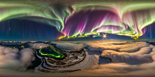 A flawless, ultra high-resolution capture of the mesmerizing polar lights dancing with a star in the northern sky, illuminating a winter landscape with a breathtaking celestial spectacle.