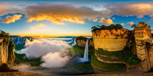 A breathtaking world suspended in the heavens, magnificent floating islands, cascading waterfalls, ancient ruins veiled in mist, bathed in golden sunlight, ultra high-resolution, a true virtual masterpiece.