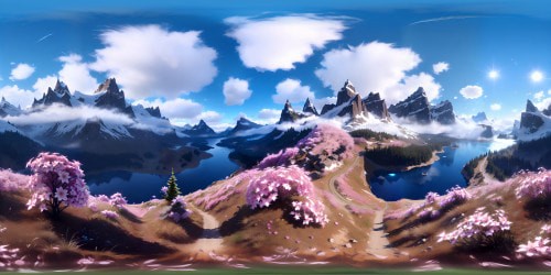 Springtime splendor, pristine lake reflecting mountain peaks, blooming flora, clouds flirting with hilltops. Pastel hues, ultra high-res visuals. VR360 panorama, crystal-clear water, snow-capped mountains. Monet-inspired style, brushstroke texture. Classic masterpiece meets digital artistry, seamless VR360 experience.