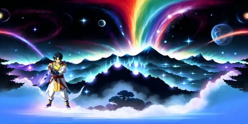 Masterpiece-level application of ultra high-res elements, VR360 view of an anime-style celestial stage. SanGohan khamehameha wave, father-son duo, ethereal aura. VR360 scenic focus on sparkling stellar backdrop, cosmic nebula, radiant celestial bodies. Primary color palette: cyan, white and blue for energy aura. Style: detailed anime.