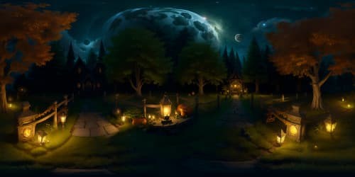 dark forest with halloween graveyard, autumn leaves, pumpkins cornfield scarecrow at night with stars and lanterns skyview