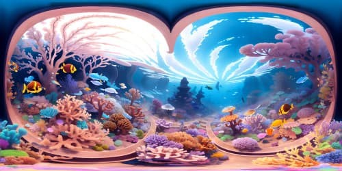 VR360 masterpiece, ultra-high-resolution, marine spectacle. Expanded view of underwater coral kingdom, plethora of radiant hues. Sunbeams piercing azure abyss, casting ethereal luminosity on delicate coral formations. Emphasis on Pixar-style brilliance, finesse.