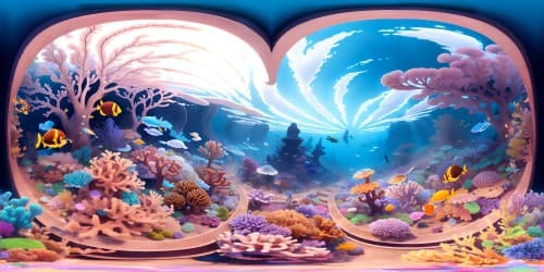 VR360 masterpiece, ultra-high-resolution, marine spectacle. Expanded view of underwater coral kingdom, plethora of radiant hues. Sunbeams piercing azure abyss, casting ethereal luminosity on delicate coral formations. Emphasis on Pixar-style brilliance, finesse.