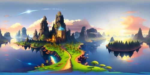 VR360 view: masterpiece sunset, lakeside island, ultra-high res, gleaming amber sun rays piercing mist, tranquil water reflections. Fantasy art style dominating VR360 scene, soft evening hues playing across, ethereal glowing edges framing. Captivating, misty atmosphere, immersive in every pixel.