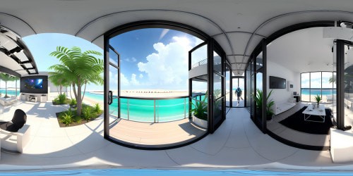 VR360: pristine glass office, industrial-chic style, tropical island backdrop, palms kissing azure skies. VR360 contrast: ultra-modern technology, raw beachfront beauty. Minimalist steel furnishings, panoramic beach-jungle views. Masterpiece-quality, ultra-high-resolution, digital realism.