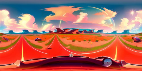 VR360: cherry red 1991 Mazda MX5 Miata, polished finish, chrome detailing. Foreground: open road stretching into horizon. Background: dramatic sunset skies, purples, oranges. Style: ultra high-res, vintage perfection, masterpiece of precision, digital painting finesse.