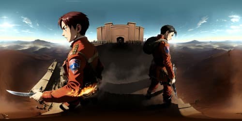 Attack on Titan. Soldiers in dark brown JACKETS, white shirt. 2 swords in hand