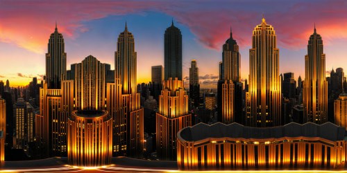 A flawless, ultra-high-resolution depiction of a grand Art Deco cityscape at dusk, featuring gleaming metallic skyscrapers adorned with intricate geometric patterns, warm golden lights dancing on polished surfaces, and velvety noir shadows, exuding a timeless elegance and pristine sophistication.