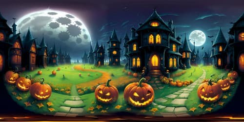 Superior, VR360 Halloween yard, pinnacle of quality, ultra-fine resolution. Ghostly pumpkins, silhouette trees, cobweb-adorned barriers. Campaign placards, innovative spin, VR360. Gothic art influence, vibrant hues, intricate surfaces.