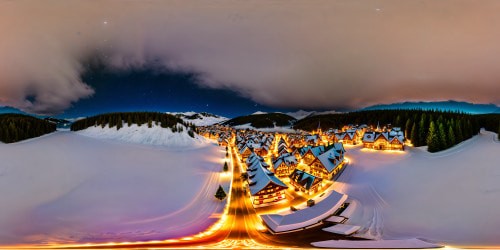 A flawless winter wonderland scene, a pristine blanket of snow covering a charming Christmas village with twinkling lights, glowing festive decorations, and a majestic evergreen tree adorned with shimmering ornaments, all under a starlit sky filled with glistening snowflakes.