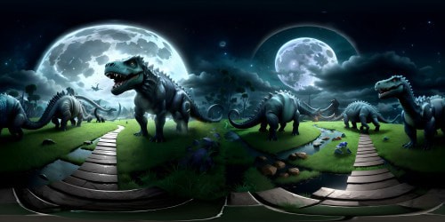 VR360 ultra-high-resolution, moonlit dinosaurs in rain, VR360 masterpiece quality, gleaming scales in the dark, full moon reflected on wet surfaces, stylized fantastical realism, haunting dinosaur shadows, rain drops glistening in moonlight.