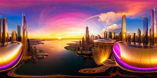 An awe-inspiring panoramic view of a futuristic metropolis at sunset, gleaming glass skyscrapers reflecting golden hues, dynamic light trails from hovering vehicles, cascading waterfalls merging into the cityscape, soaring airships silhouetted against a brilliant magenta sky.