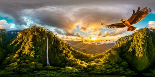 Riding a majestic bird high above the lush jungle canopy, swirling emerald leaves, golden sun rays piercing through the dense foliage, flawless detailed feathers, immersive masterpiece in ultra-high resolution.