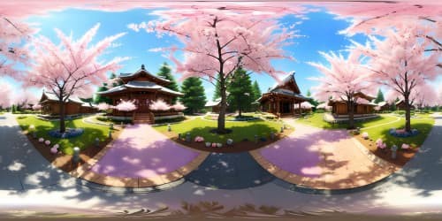 Ultra high-resolution VR360 masterpiece, winter-spring transition, blooming sakura trees lightly dusted with snow, pink blossoms against stark white, fantasy art style