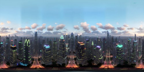 Ultra-high-res realistic city, VR360 scene of towering glass skyscrapers, shimmering in the sunlight. Sleek monorails snaking between structures, endless grid of neon streets below. Style: hyper-realism, photorealistic textures, meticulous architectural details, light-reflecting surfaces. For an immersive VR360 masterpiece.