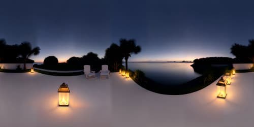 coastal village by the bay open ocean view at night with lanterns skyview