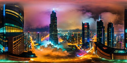 Futuristic cyberpunk cityscape at night, neon-lit skyscrapers towering over rain-soaked streets, holographic billboards flickering in the smog-filled air, unparalleled level of detail and ultra high resolution perfection.