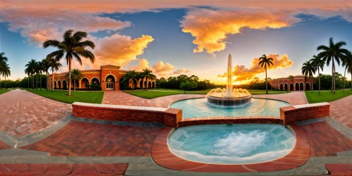 In the heart of Florida State University, a flawless architectural masterpiece gleams under a vibrant Floridian sunset, showcasing intricate brickwork, lush palm trees, and a grand fountain, all captured in stunning ultra-high-resolution detail.