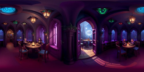 Fantasy LGBT tavern, VR360 ultra-high res, oversized lesbian orc barwoman, shadowy booths, varied fantasy figures, adventurers in repose, corner-stage musicians. Style: Pixar-style masterpiece, rich in details, welcoming ambiance, vibrant color palette.