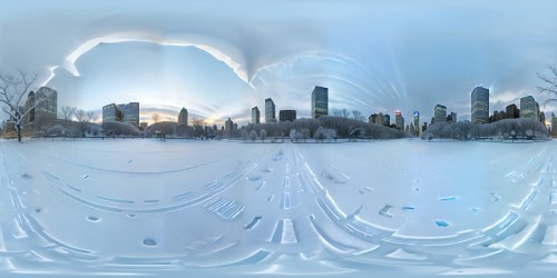 Ultra HD masterpiece, VR360 snow-kissed New York skyline, skyscrapers cloaked in white, Central Park blanketed in frost. VR360 view: sparkling icicles, twinkling city lights, winter fantasy-art style.