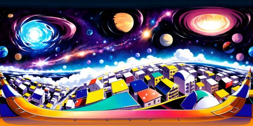 Ultra-high resolution VR360, anime style, digital art, hyperrealistic masterpiece. Expansive cosmic horizon, intricate galaxies, vibrant nebulae. Sun-drenched star clusters, shimmering starlight. High contrast, bold color palette, immersive VR360. Ethereal, fantastical, breathtaking quality.