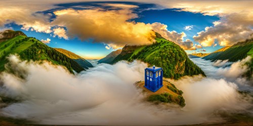 A flawlessly picturesque landscape with a lush green hillside rolling under the golden sun, showcasing a vivid blue TARDIS nestled amongst the serene backdrop, all rendered in ultra-high resolution perfection.