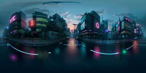 VR360, vibrant cityscape at sunset, glowing neon signs, motif of short skirt in design elements, sleek modern buildings, masterpiece quality, ultra-HD. VR360, panoramic city view, surreal art influences, masterfully-detailed.