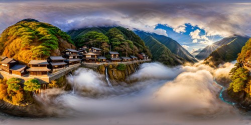 A flawless, ultra-high-resolution depiction of a picturesque Japanese village cradled within misty mountains, a meandering stream glistening under the soft sunlight, leading elegantly to the vast, serene sea.