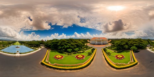 A stunning view of the impeccable Umsurabaya University campus, featuring grand neo-classical architecture, meticulously manicured gardens, gleaming marble statues, lush greenery, and vibrant flowers under a flawless clear blue sky, captured in ultra-high resolution, a true masterpiece of academic beauty.