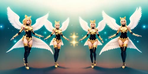 three female angels wearing white leotards with gold trim_they have golden wings_the women have gold halos over their heads_one woman has dreadlocks_