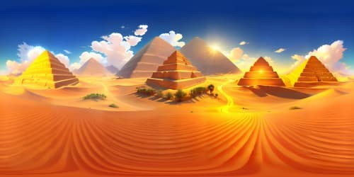 VR360 ultra-high res, Egyptian royal attire, beautiful princess,  jewelry, artifacts, pyramid outline backdrop, golden desert sands, sunlit backdrop, impressionist style.