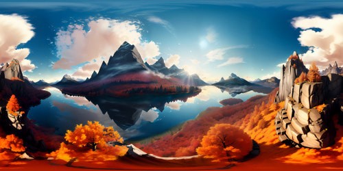 VR360 fantasy-style, masterpiece quality, ultra-high-resolution. Hidden lake, enchanted mountain landscape, radiant sunset, bleeding pastel clouds. Floating wyverns, iridescent sky backdrop, VR360 panoramic view. Ethereal mountain peaks, tranquil lake, majestic wyverns. Surreal pastel hues, fantasy art. Iridescent elements, tranquil, ethereal VR360 atmosphere. Mountain silhouette contrast, wyvern silhouettes, breathtaking sunset hues.