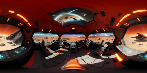 VR360 spaceship interior, ultra high-res, domineering command deck sleekness, enveloping orange-lit control panels, VR360 futuristic screens. Gleaming metallic surface ambiance, holographic displays in full bloom, cyberpunk aesthetics. Powerful orange theme resonance, VR360 radiance, Unreal engine 16k rendering enchantment. Earth view, moon spectacle, Mars extravaganza through panoramic windows, elegant showroom floors, symmetrical strategic war room. Overhead dome, majestic