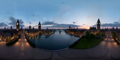 Masterpiece artwork style, VR360 rendering, London skyline 1920s, ultra-high resolution, Art Deco architecture, vintage elegance. Cable cars, cobblestone streets, antique lampposts, VR360 panorama, striking contrast of dusk against cityscape.