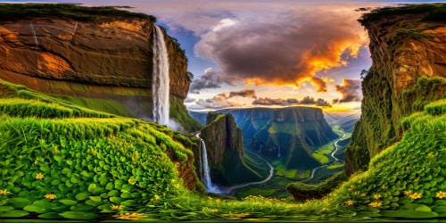 A flawless, ultra high-resolution depiction capturing the magnificence of Ethiopia's stunning highlands: terraced lush green valleys, cascading waterfalls, towering cliffs lit by a golden sunrise, vibrant wildflower fields, and swirling, dramatic cloud formations, a visual masterpiece in every detail.