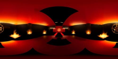 Premium VR360, immaculate artistry, ultrahigh resolution. Dark ritual chamber, obsidian flooring, flaming red pentagram central focus. Ceiling apex, VR360 perspective, 'AVE SATANAS' inscription, looming over pentagram.