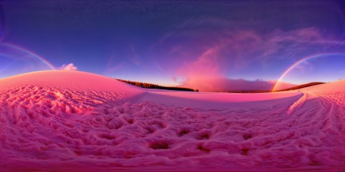 Glistening pink snow blankets a serene winter wonderland, reflecting a flawless rainbow shimmer under the luminous moonlit sky, a pixel-perfect ultra high resolution scene, a digital masterpiece that captivates with its sheer beauty.