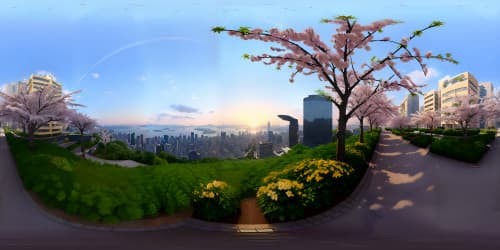 VR360 view of noon Shenzhen, ultra-high res digital painting. Springtime cityscape, bustling downtown life. Internet cafe brimming with tech, Chinese flag proudly fluttering. Urban concrete, cherry blossoms, smatterings of Chinese characters. Breathtaking VR360 panorama, Masterpiece quality.