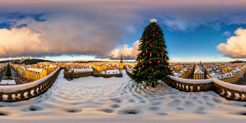 A flawless, ultra-high resolution winter wonderland cityscape adorned in fresh snow, a glistening blanket covering the cobblestone streets, leading toward a majestic Christmas tree aglow in the heart of the charming city square, inviting playful interactions in the festive surroundings.