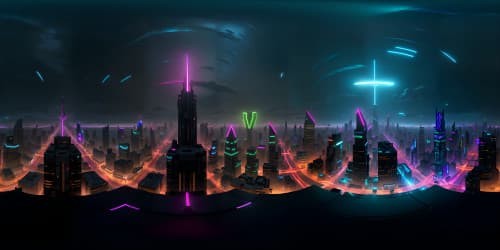 VR360 masterpiece cityscape, ultra high-resolution, nightlife hues, twinkling skyscrapers. Neon brilliance, dazzling reflections, fantasy art style. Stylish, dramatic VR360 night city, dynamic skyline, star-kissed buildings.