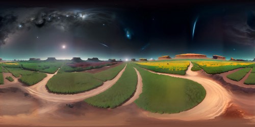 Masterpiece visuals, ultra-high resolution, two entities in subtle contact, consuming earthen elements. VR360 scene: surreal art style, kiss of cosmic entities, interaction with globular mud clusters. Minimalist foreground, expansive muddy terrain. VR360 encompassing mud-splattered, celestial sky.