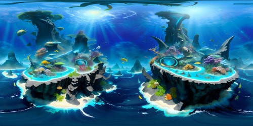 Masterpiece quality, ultra-high resolution VR360 view, Pacific Rim themed. Cascading ocean waves, vibrant coral reefs, towering volcanic islands. Ethereal underwater cities, colossal sea creatures, shimmering bioluminescence. Style: hyper-realistic digital painting, fine-detailed texture, light refracted underwater effects, bold color contrasts.