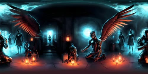 A MAN with black wings kneel dwon in a hospital dark hall way