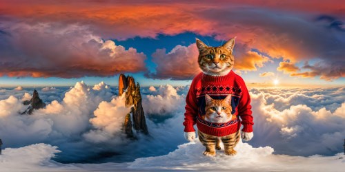 A strikingly detailed, immersive digital painting featuring a statuesque cat in a vibrant red, torn sweater, with intricate fabric textures, flawless lighting, and atmospheric shadows creating a hyper-realistic scene. The high resolution showcases each precise stitch and fiber, capturing a perfect moment frozen in time.