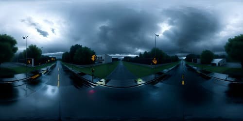 Ultra-high resolution VR360 view, vast, desolate parking area, nighttime deluge. Noir-style monochrome, raindrops suspended in air, cascading downpour enveloping gloomy panorama. VR360 scene dominating with a masterpiece quality of rain-soaked emptiness.