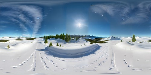 Splendid VR360 Colorado mountains landscape, winter peak, snow-dusted valley. Antelope silhouettes, distant. Rising sun, clear azure sky. Ultra-photorealistic, 16k resolution. Enthralling sense of wonder, tranquil VR360 ambiance. Masterpiece-quality, ultra high-res, 8k clarity. Blending realism and relaxing atmosphere.