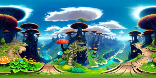 VR360 masterpiece, ultra 8K, magical forest setting. Lush canopy spectrum, filtered light rays. Enchanting mushrooms, diverse shapes, luminescent in VR360 clarity. Sprawling brook, glistening pebbles, inviting serenity. High-quality fantasy art aesthetics.